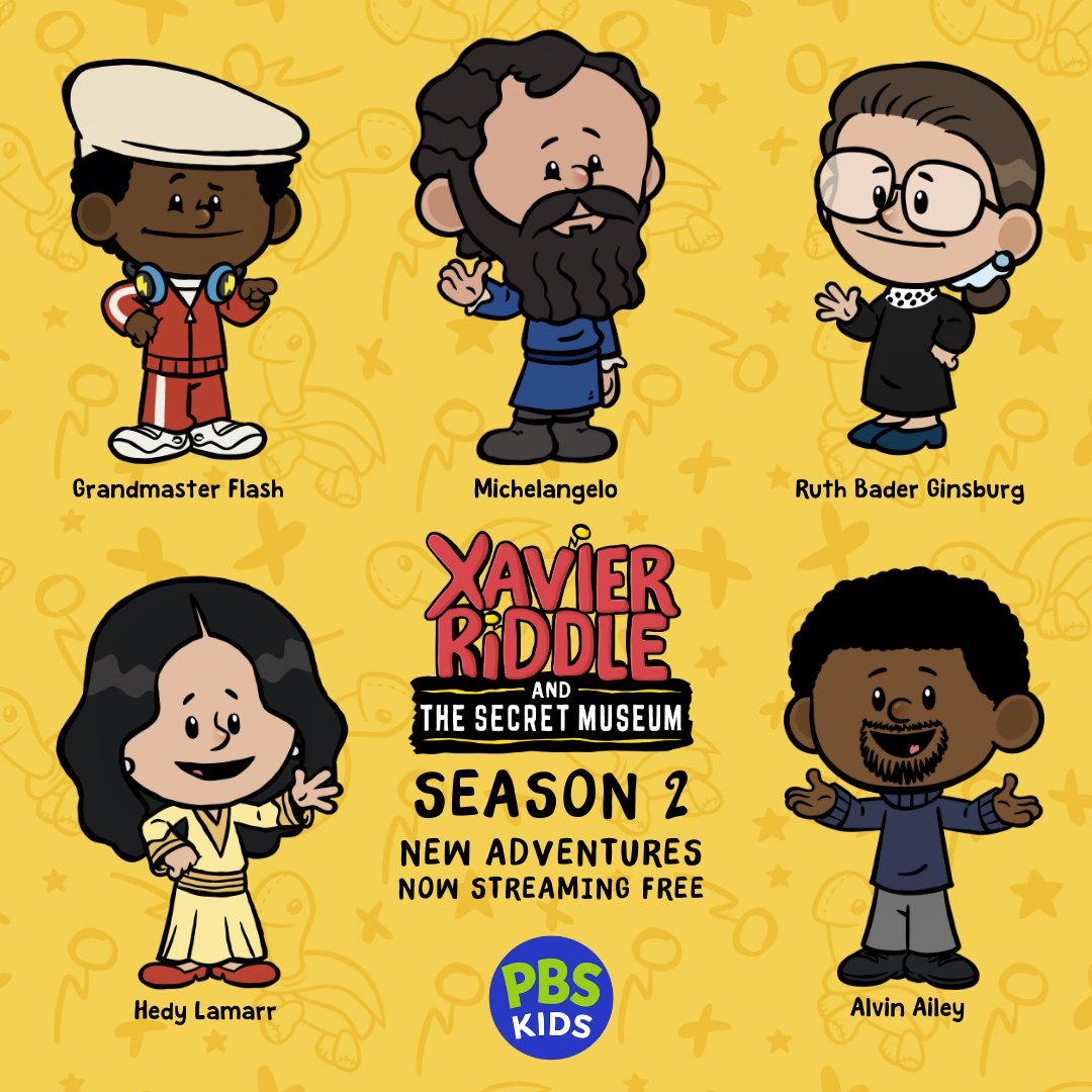 All new heroes for all new adventures! ⚡ Which hero from Season 2 has been your favourite so far?

📺 Season 2 of Xavier Riddle and the Secret Museum is streaming now on @PBSKIDS! 

#GrandmasterFlash #Michelangelo #RuthBaderGinsburg #HedyLamarr #AlvinAiley