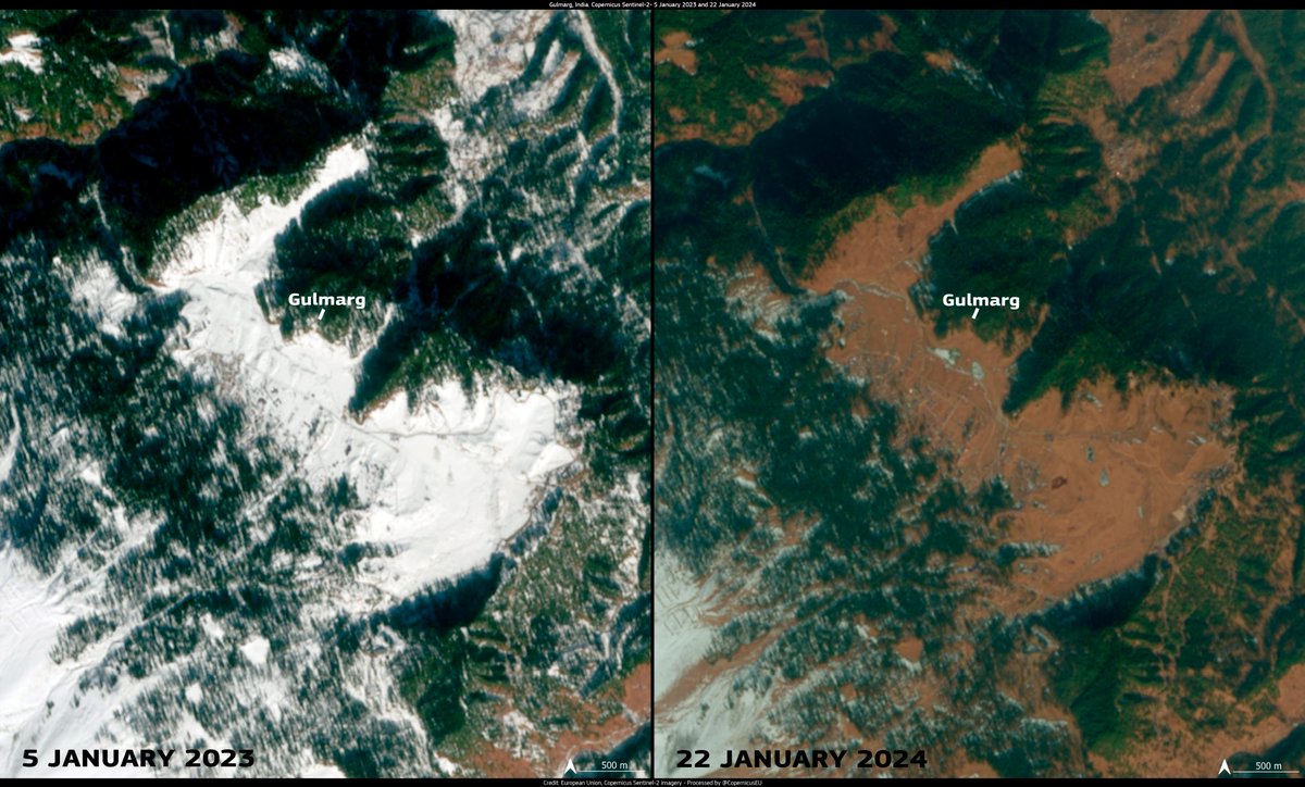 PGDynes's tweet photo. The 3rd Pole is being lost. Gulmarg, located in the Western Himalayas, is currently experiencing a severe lack of snow following an unseasonably warm December 2023 and snowless January. Welcome to the new climate.