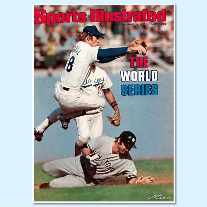 BSmile's tweet photo. "The World Series" - New York #Yankees vs. Los Angeles #Dodgers (Sports Illustrated - October 24, 1977) Great action shot of Bill Russell leaping over a sliding Thurman Munson! #MLB #History #WorldSeries #RIPSI https://t.co/vEQyUBKzhQ