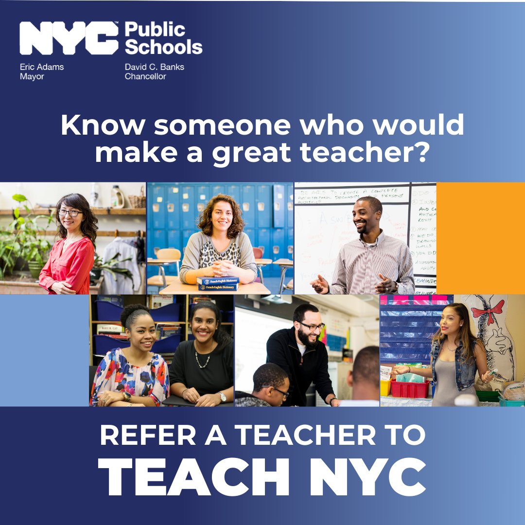 iteachnyc's tweet image. 📣 Our teachers are our best advocates for the important work we do here at NYC Public Schools! Know a NY-State certified teacher who would make a great future colleague? 

Fill out our short survey and we&apos;ll do the rest: bit.ly/teachnyc-refer