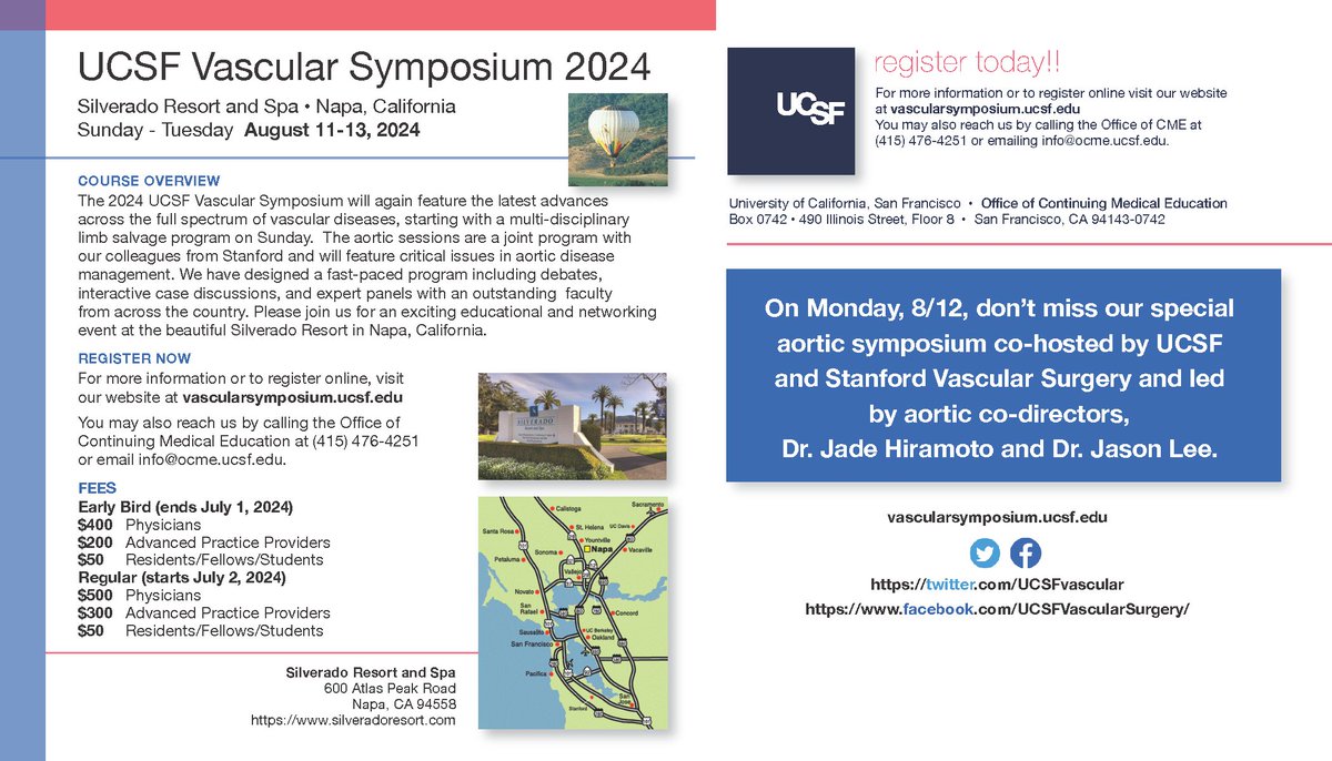 📢SAVE THE DATE for the 2024 UCSF Vascular Symposium‼️ August 11 - 13, 2024 at Silverado Resort in Napa, California. Registration is now open. Program and faculty to be announced. 🔗vascularsymposium.ucsf.edu #UCSFVascularSymposium