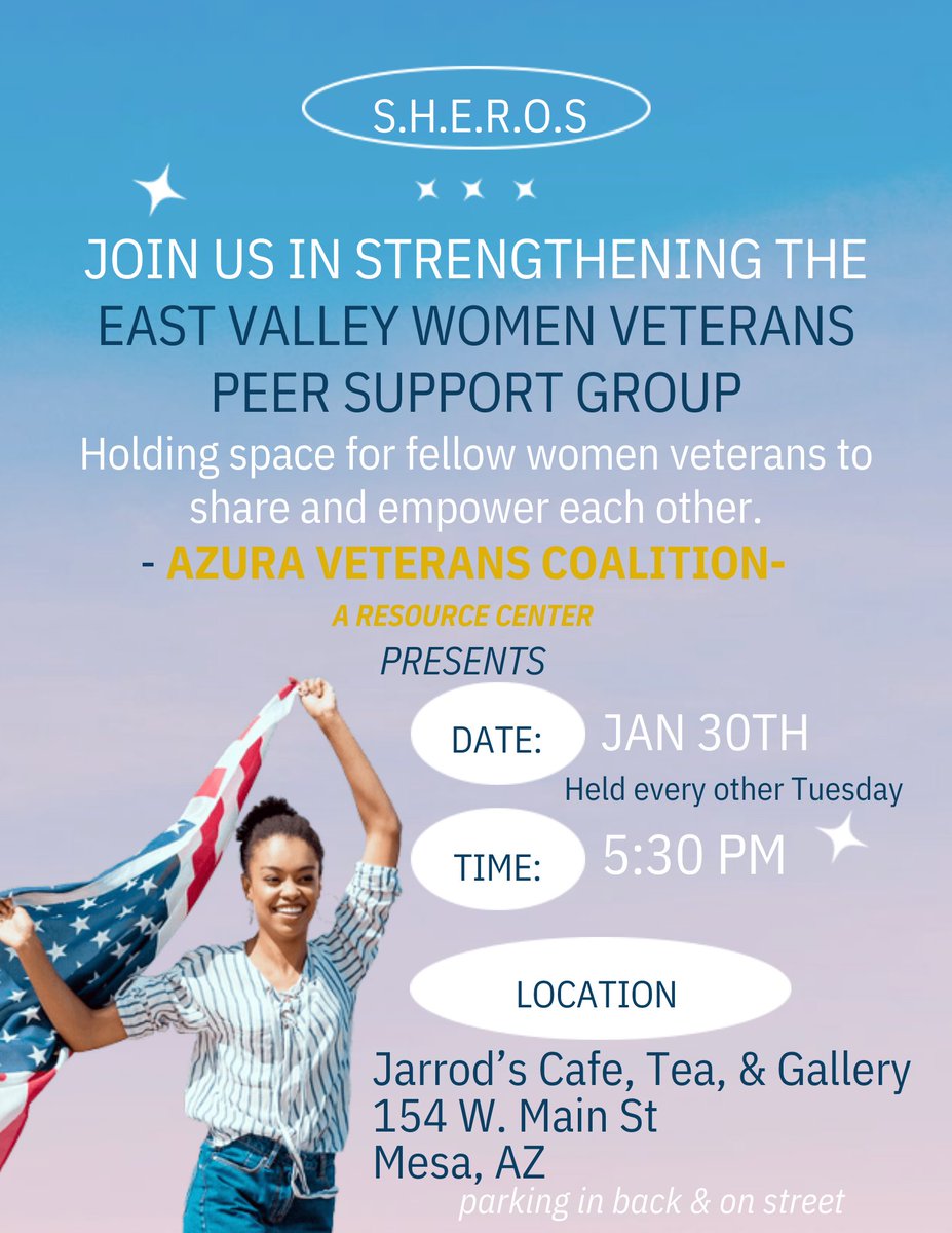 Join the East Valley Women Veterans Peer Support Group happening January 30th (tomorrow!), 5:30 pm at Jarrod's Cafe, Tea, and Gallery. Stop in for camaraderie and fun with women veterans just like you!

Find more information at eastvalleywomenveterans.org.