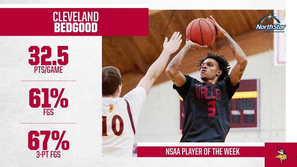 Cleveland Bedgood is the NSAA 🏀 Player of the Week! Read more about this big weekend ↙️ bit.ly/47WoKPR The Vikings are back home Wednesday night, hosting Dickinson State for a 5:30/7:30 doubleheader. #GoVikings