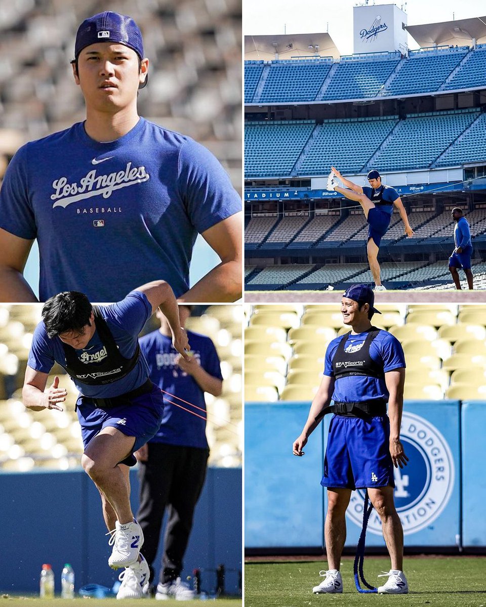 espn's tweet image. Shohei Ohtani in the Dodger blue, workin’ at Dodger Stadium 😤 

(📸 @Dodgers)