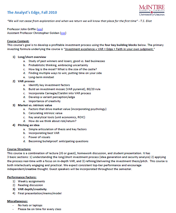 FundamentEdge's tweet photo. Here is John's 1-page syllabus from the Analyst's Edge.

When I was at a Tiger Cub participating in the hiring process in 2010, I interviewed a couple of John's students. They blew me away with their level of preparation.

It's not an exaggeration to say I wouldn't be doing what I do now (teaching the craft of fundamental analysis) without John's example & inspiration.

It was a true light bulb moment for me that, while mastery in public markets is hard-earned, the basic foundational skill-set can be taught in a class-room context.

Since that moment in 2010, I have spent 14 years using this simple one-pager as a guide, on top of my 13 years in the trenches and 3 years in the classroom (and counting)  to develop my own buy-side analyst curriculum (which is now 2,000+ slides & counting). I will certainly never do it as well as John, but I can try.