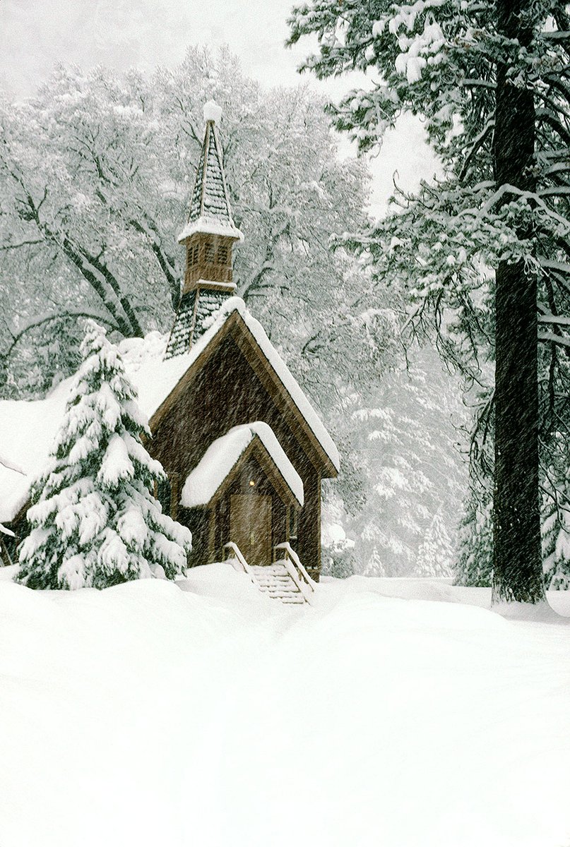 lancekuehne's tweet photo. Yosemite Chapel - February, 2001 - here's a picture I used to sell as a print. The tree next to the chapel is now taller than the building. I will be back in Yosemite in 10 days. If you'd like to come, click here https://t.co/aotW3liiiD We might also see the "Fire Fall"! https://t.co/iCySdlf1Jc