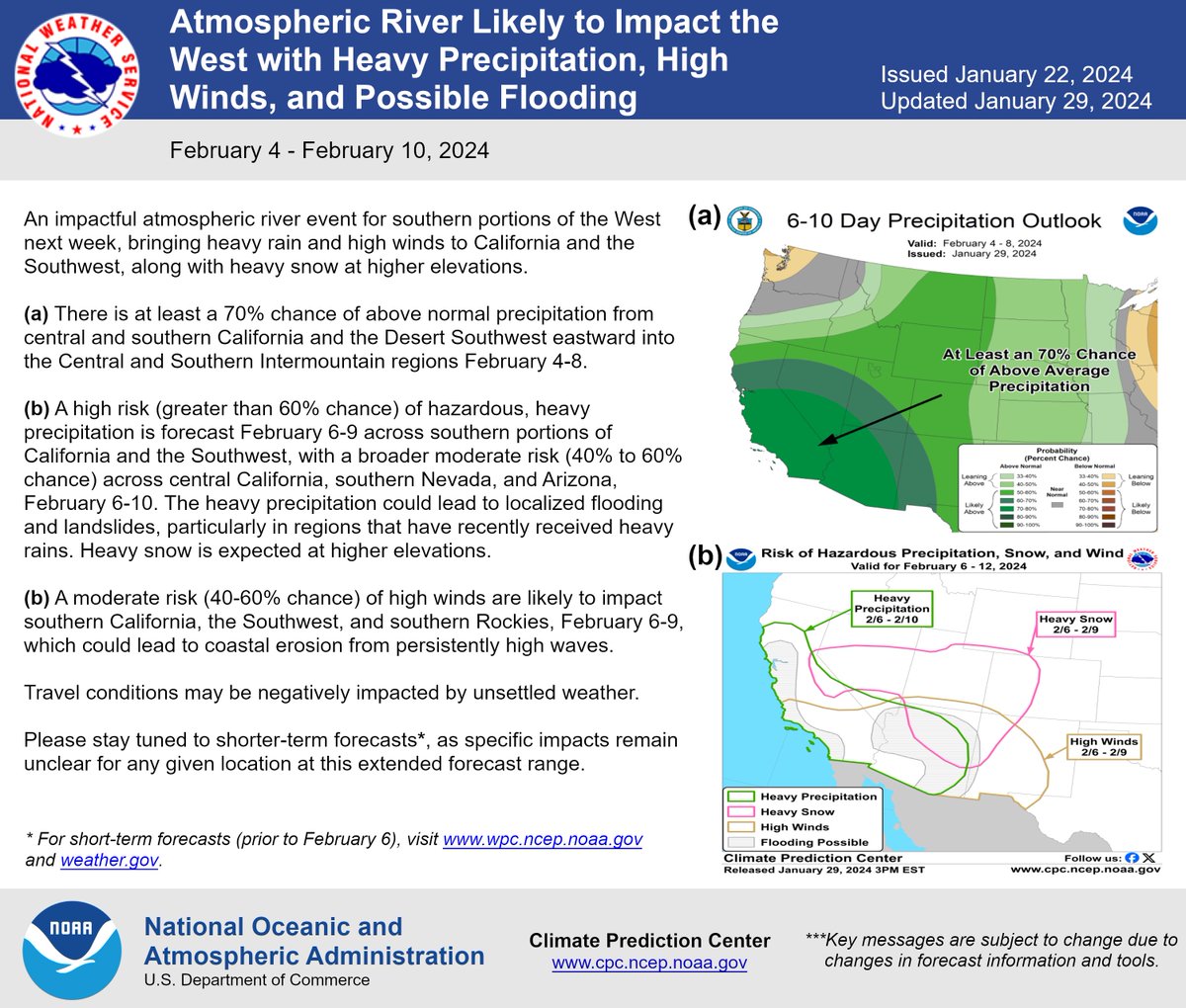 Atmospheric River Likely to Impact the West with Heavy Precipitation, High Winds, and Possible Flooding cpc.ncep.noaa.gov/cpc_key_messag…