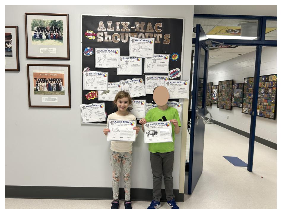 Our Mustang Shout-Out Award winners today!  Paige is receiving her award for the Grandfather Teaching of Truth, and Everett's is for the Grandfather Teaching of Respect. Way to go, Little Mustangs! #BuildingMomentum <a href="/WCPS72/">Wolf Creek Schools</a>
