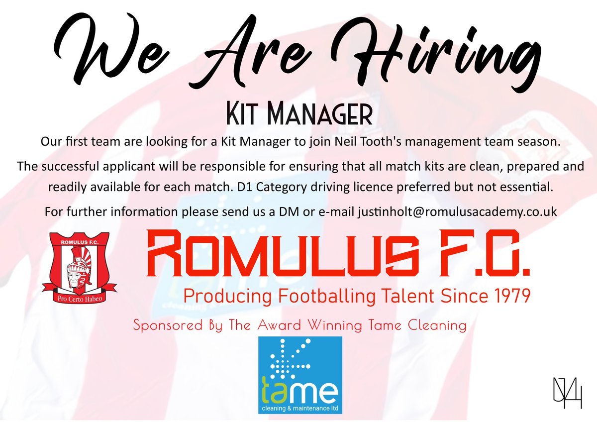 Romulus_fc's tweet image. We Are Hiring! Kit Manager Required! #Kitmanager #Kitman @nonleaguevol @MidlandLeague @BirminghamFA