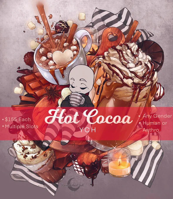 ￼￼  HOT COCOA YCH ￼￼Here for some cozy Winter Vibes~• ￼1 5 5• Multiple Slots• Human or Anthro• Bundle up in your choice of a sweater or hoodie• Closing Saturday 2/3FOR A SLOT, COMMENT "CLAIM" BELOW R.T.s are always very appreciated  