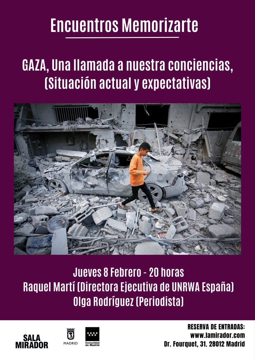 Charla  sobre #GAZA 
Una llamada a nuestra conciencia
 Situación actual y expectativas.

<a href="/olgarodriguezfr/">Olga Rodríguez Francisco ✍️</a> periodista y @Raquel_Marti directora UNRWA

El jueves 8 de Febrero a las 20h
en la <a href="/salamirador/">Sala Mirador</a>
Entradas gratuitas hasta completar aforo.