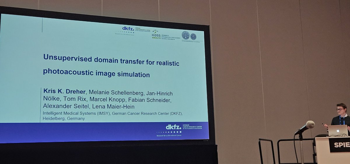 AlexSeitel's tweet photo. @DKFZ_IMSY_lab member Kris Dreher taking stage @PhotonicsWest with his @ERC_Research #NeuralSpicing work on unsupervised domain transfer for realistic photoacoustic image simulation. https://t.co/yGRLYYAMa0 https://t.co/ArpdDbtp6O