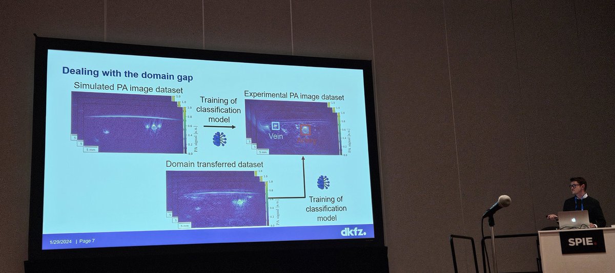 AlexSeitel's tweet photo. @DKFZ_IMSY_lab member Kris Dreher taking stage @PhotonicsWest with his @ERC_Research #NeuralSpicing work on unsupervised domain transfer for realistic photoacoustic image simulation. https://t.co/yGRLYYAMa0 https://t.co/ArpdDbtp6O