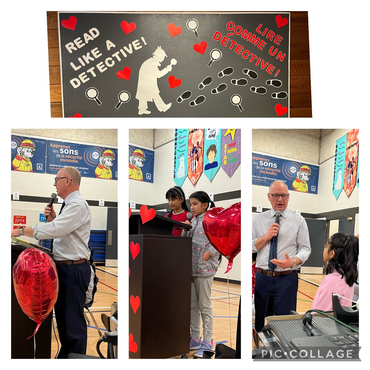 Kick off assembly for I Love to Read Month! Thank you and merci to @ScottGillingham for reading us a story and sharing your love of reading with us! We are going to be reading detectives and solve the mystery of the missing books! @ecolebschool @PTLibLC @PembinaTrails