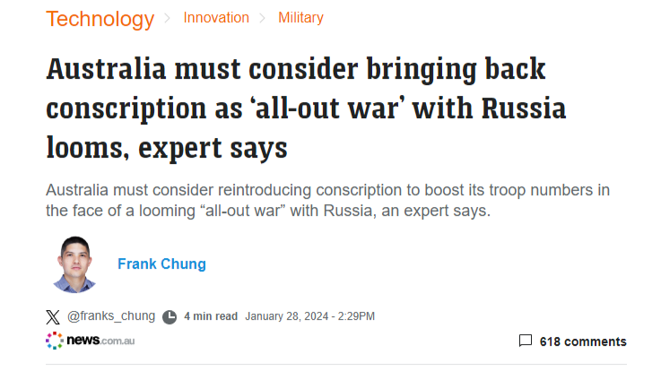 gazcon's tweet photo. Strange how this exact same "bring back conscription" story is running at the exact same time in different countries around the world.
Almost as if it's propaganda being orchestrated to advance a globalist agenda π€ https://t.co/GLOrIgMD4o