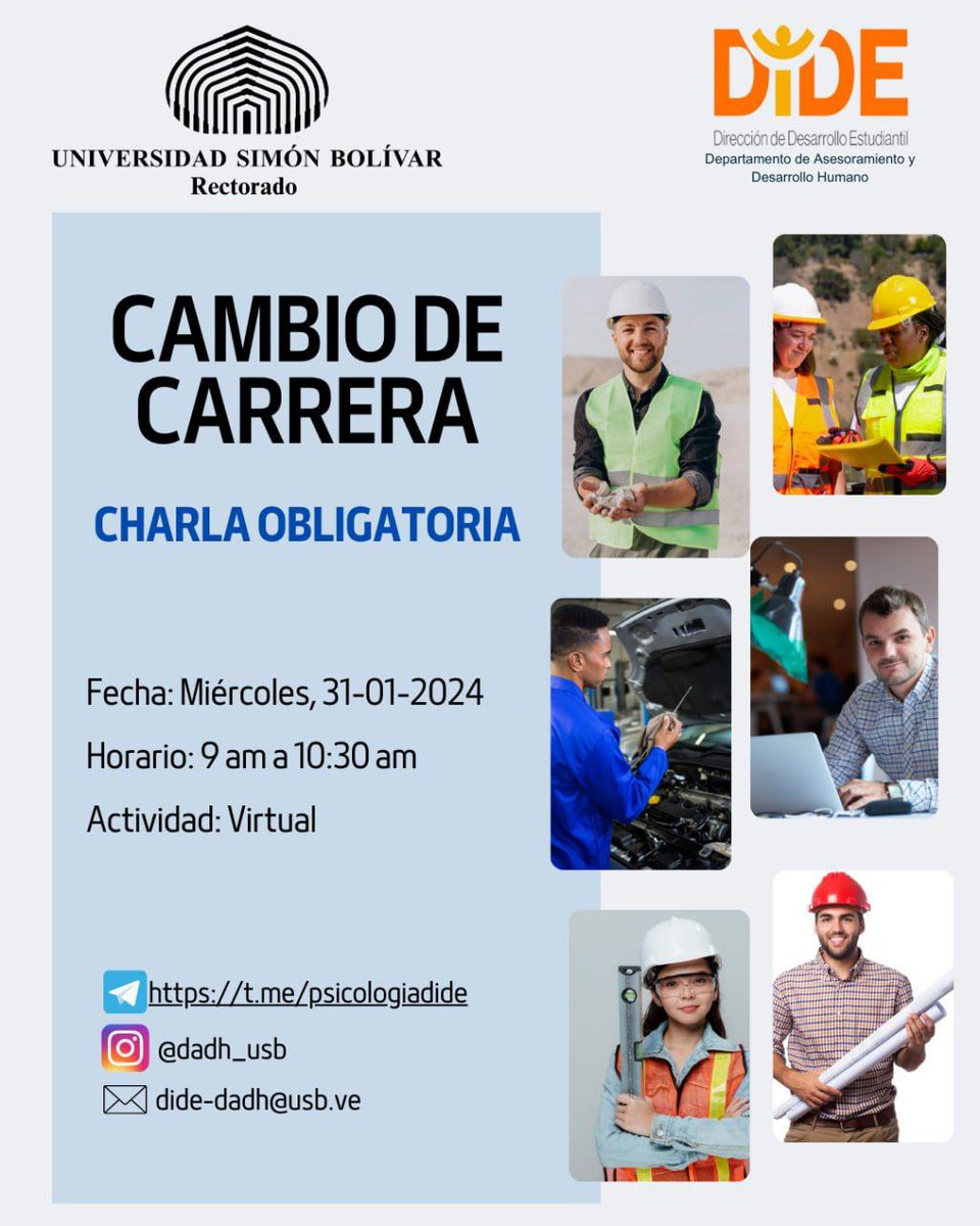 DiDe_USB's tweet photo. ¡Buenas tardes! ¡Feliz inicio de semana! Les informamos que el día de miércoles, 31/01/2024 a las 9 am se llevará a cabo la Charla Virtual Obligatoria de Cambio de Carrera, dirigido a aquellos estudiantes que le corresponde formalizar este trámite https://t.co/iXIFK2ClJ3