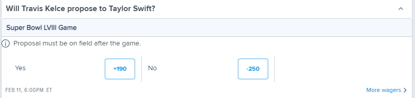 BFawkes22's tweet photo. Will Travis Kelce propose to Taylor Swift on the field after #SuperBowlLVIII?

Yes, that prop is now available for betting at @FanDuelCanada:

Yes +190
No -250 https://t.co/8lDAmYKCgg