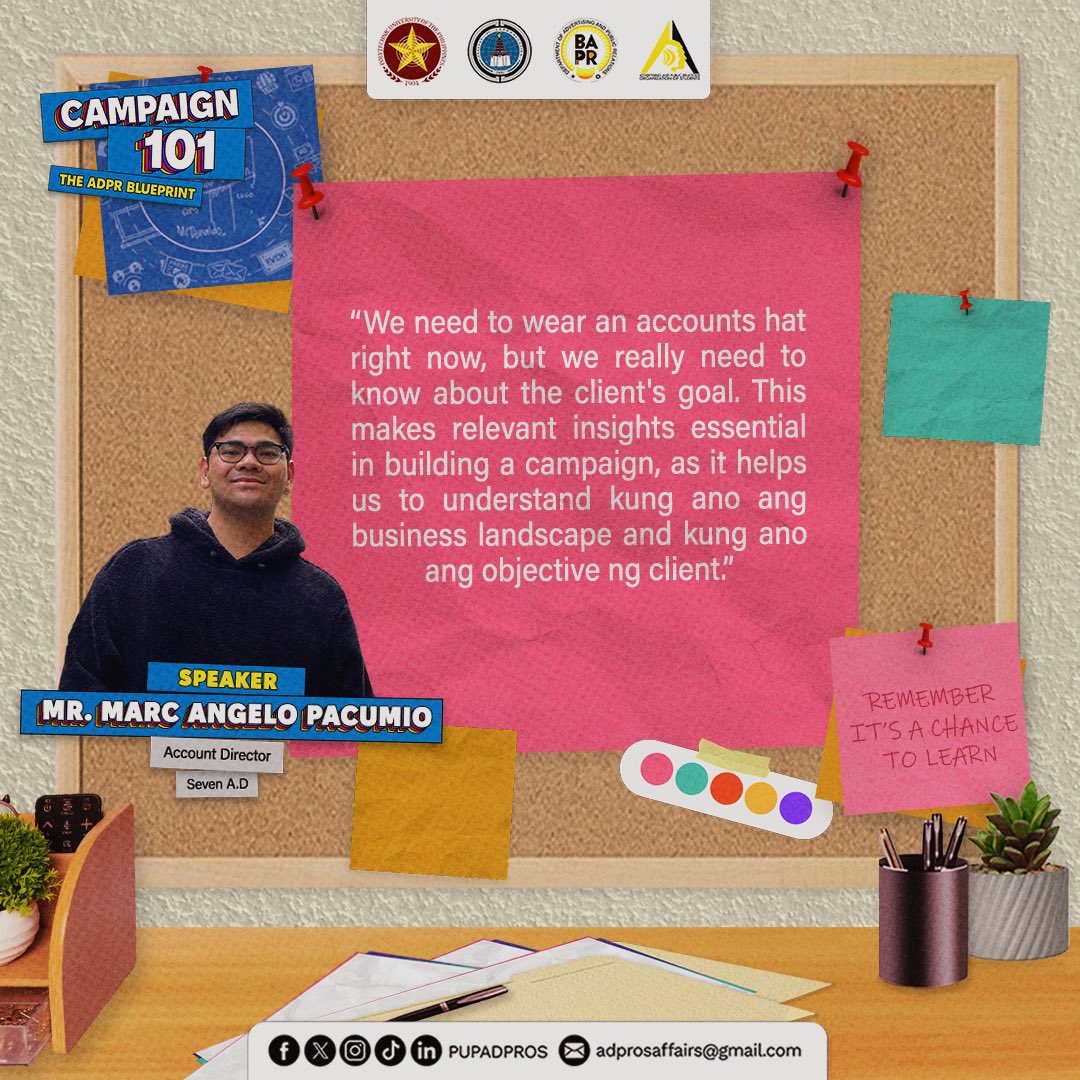 PUPADPROS's tweet photo. Drafting Success: step in to the ADPR Campaigns with Campaign 101: The ADPR Blueprint! Elevate your advertising game and look into the key takeaways where creativity meets strategic brilliance!
🎨: Nicole Beran
✍️: Sophia Bule
#Campaign101
#TheADPRBlueprint
#ADPRosper https://t.co/AfI1a2S4fb