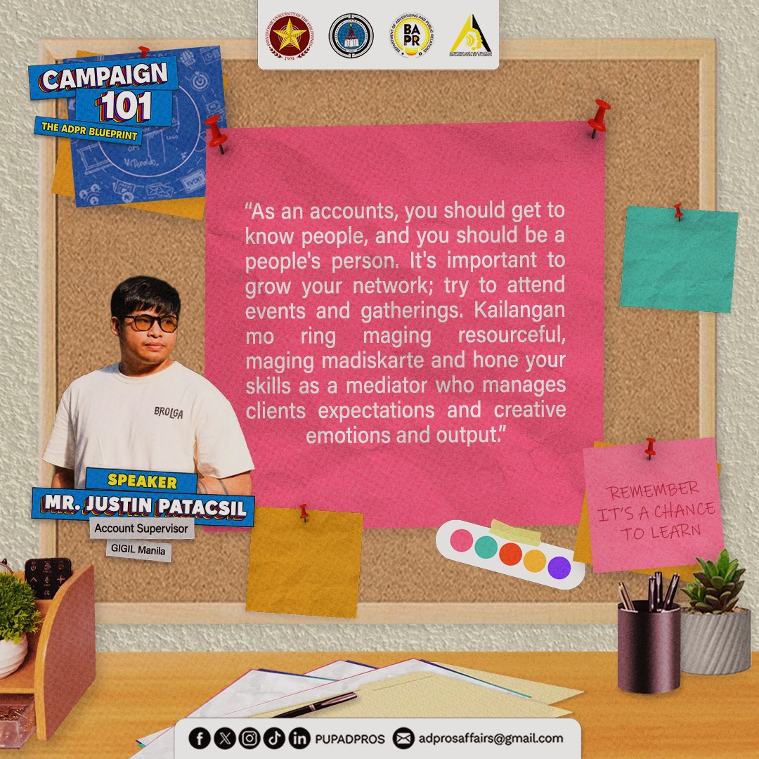 PUPADPROS's tweet photo. Drafting Success: step in to the ADPR Campaigns with Campaign 101: The ADPR Blueprint! Elevate your advertising game and look into the key takeaways where creativity meets strategic brilliance!
🎨: Nicole Beran
✍️: Sophia Bule
#Campaign101
#TheADPRBlueprint
#ADPRosper https://t.co/AfI1a2S4fb