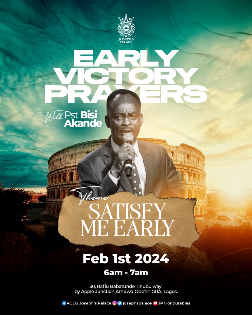 Join us for the highly awaited EARLY VICTORY PRAYERS program with Pastor Bisi Akande <a href="/RealBisiAkande/">Bisi Akande</a>

Date:Feb 1, 2024  
Time: 6am - 7am  
 Venue: 30 Rafiu Babatunde Tinubu Way, by Apple Junction, Amuwo Odofin GRA, Lagos.

#CountdownToVictory #EarlyVictoryPrayers   <a href="/festaconline/">Festac Online</a>