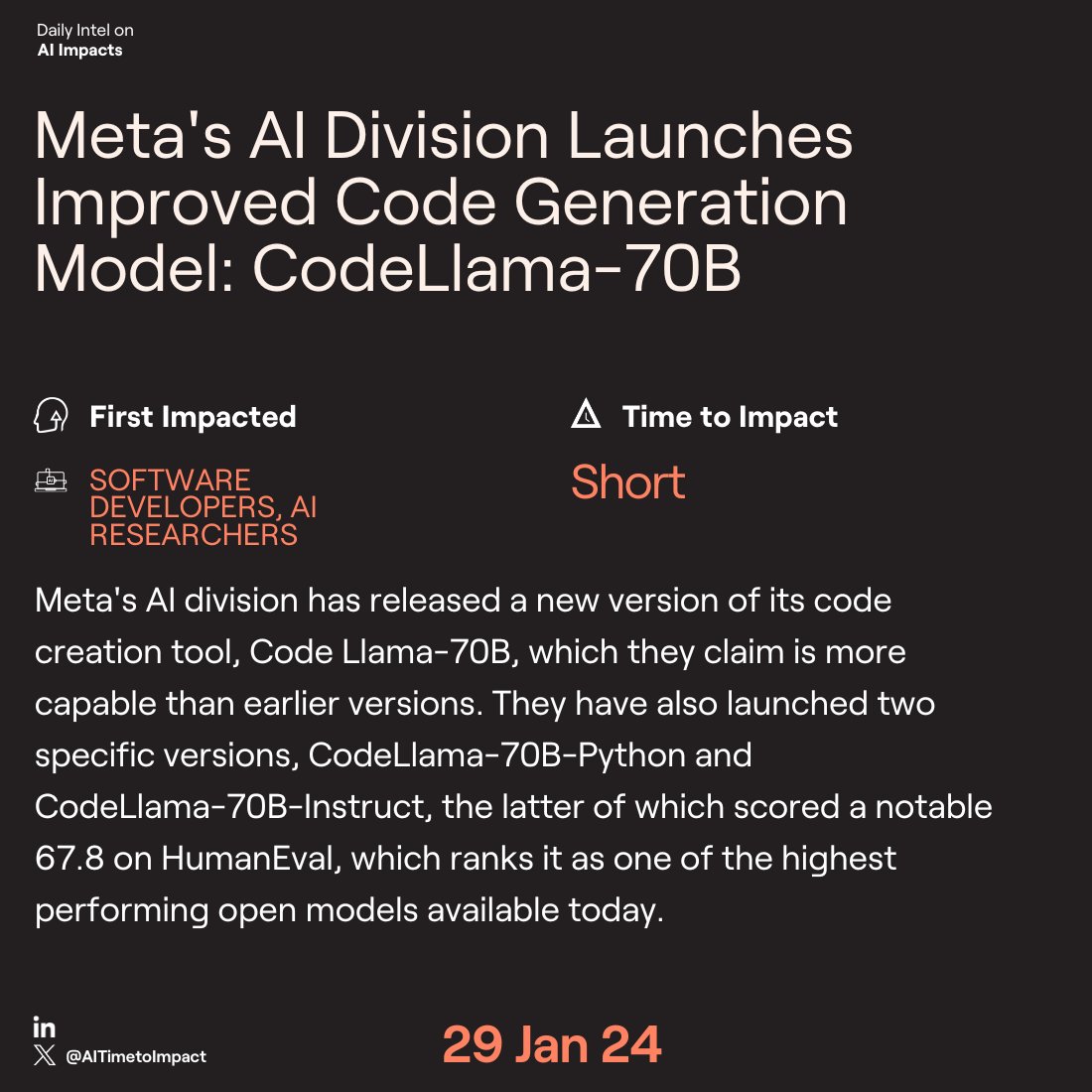 AITimetoImpact's tweet image. Meta's AI leaps forward with CodeLlama-70B! Touted as a top-tier code generator, especially in Python and instructive tasks. How will this change the coding game? 🚀👩💻 #CodingFuture #AI #CodeLlama70B