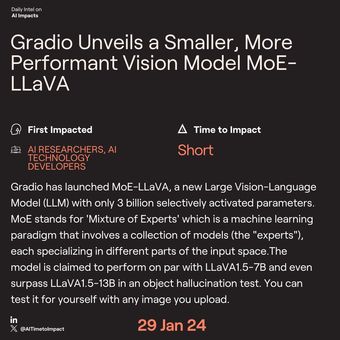 AITimetoImpact's tweet image. Gradio&apos;s new MoE-LLaVA: A compact vision-language model that&apos;s challenging its bigger counterparts. See how it performs with your own images! 📸🔍 #AI #VisionModel #TechInnovation