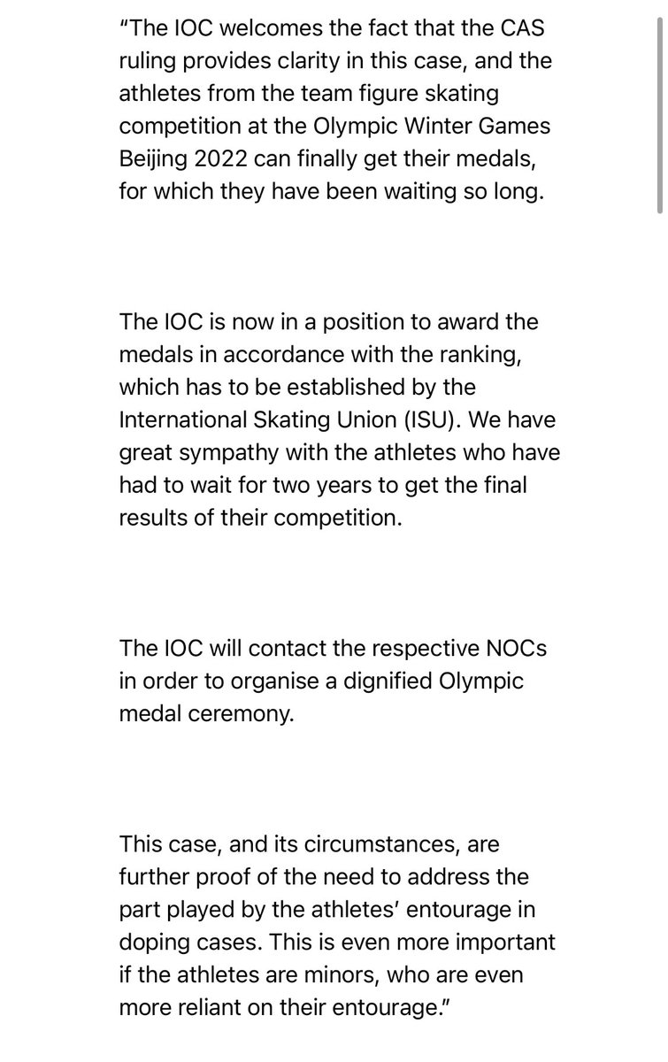 cbrennansports's tweet photo. Exclusive: USOPC CEO Sarah Hirshland has just confirmed to @usatodaysports that the United States will receive the gold medal in the 2022 Olympic figure skating team competition. The IOC statement below led to this late-breaking news. https://t.co/0UKIk1sTVo