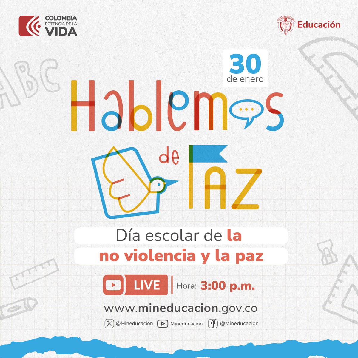 🔴 Los invitamos a conectarse 🗓️ mañana a las 3:00 p.m. a nuestro Live 📽️ "Hablemos de paz, hagamos la paz" por YouTube en conmemoración al Día Escolar de la No Violencia y la Paz. ¡Los esperamos! 
Conéctate aquí 👉 bit.ly/3vVa6eb