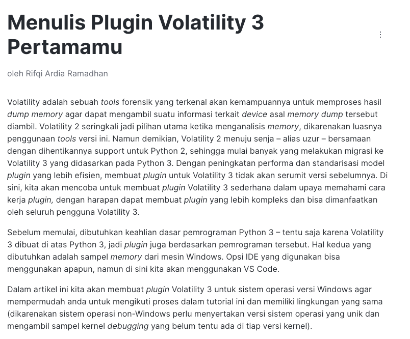 CDEF_ID's tweet photo. Artikel #1: Menulis Plugin Volatility 3 Pertamamu oleh Rifqi Ardia Ramadhan https://t.co/Soccl9GTt5
