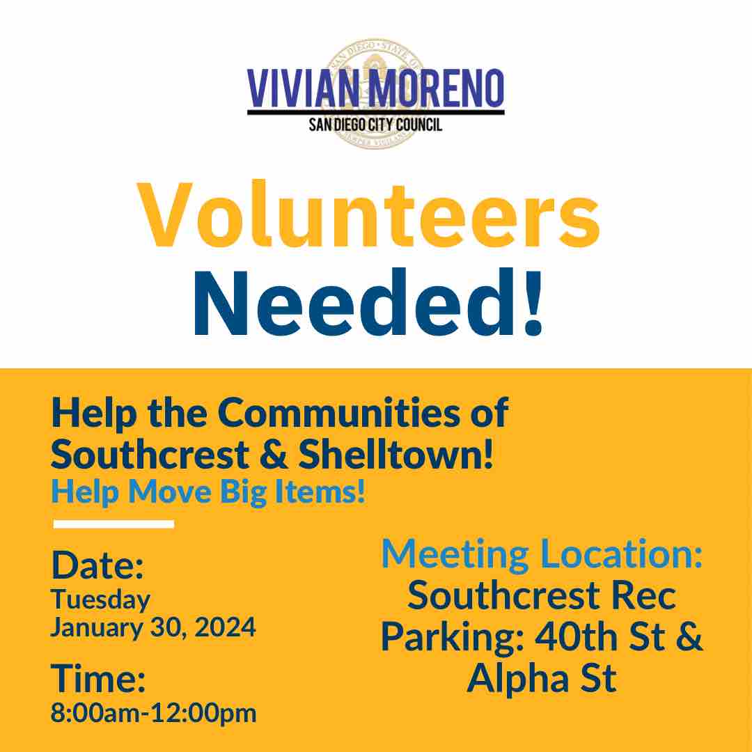 vivianmorenoSD's tweet photo. ⚠️Volunteers Needed!!⚠️ Help the Communities of #Southcrest & #Shelltown tomorrow Tuesday January 30th from 8-12pm! Meeting location will be at Southcrest Rec Parking on 40th St & Alpha St at 8:00am! #CD8 #VivianMoreno https://t.co/Il32bmgk2W