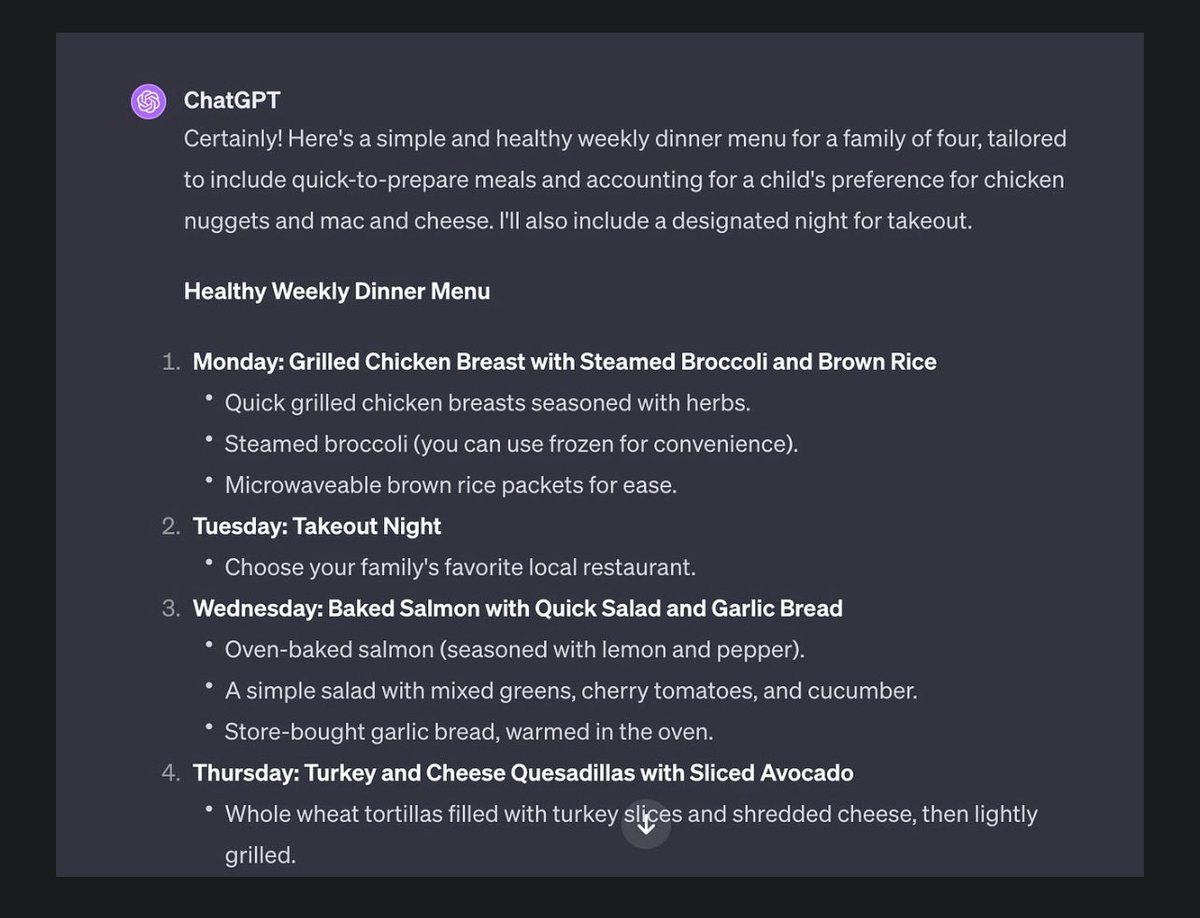Use <a href="/ChatGPTapp/">ChatGPT</a> to make Planning a Healthy and Varied Weekly Menu for Your Family in the Shortest Amount of Time Possible. Sign up for more AI ideas: 

shorturl.at/bsMRU