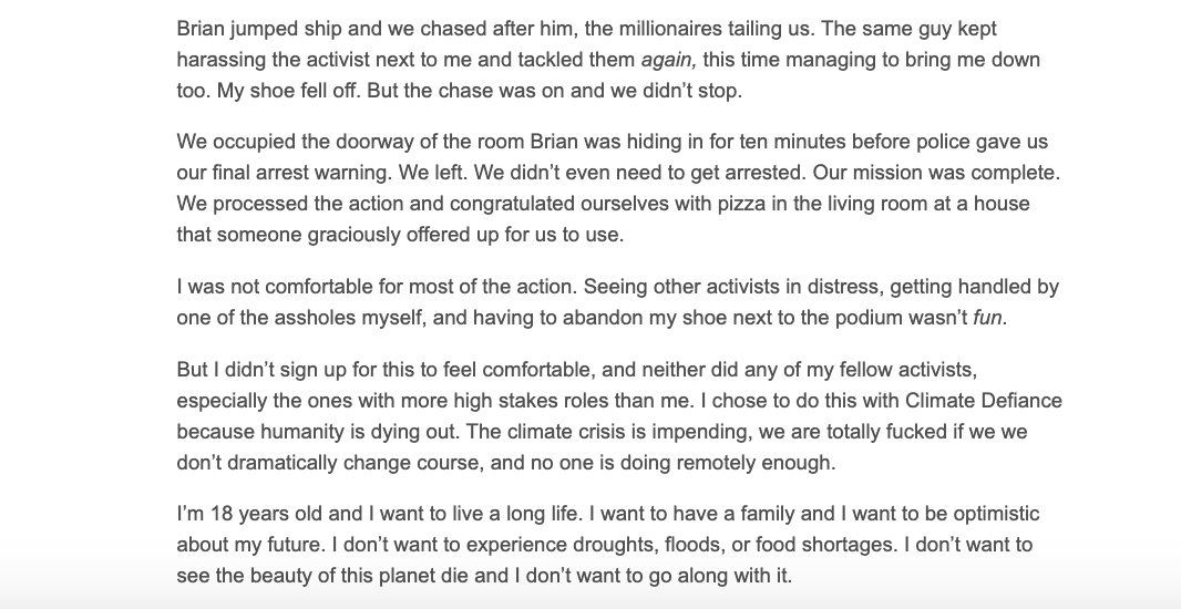 Statement from Lauren, the 18-year-old Climate Defiance volunteer who confronted Bank of America CEO Brian Moynihan at his hometown country club.