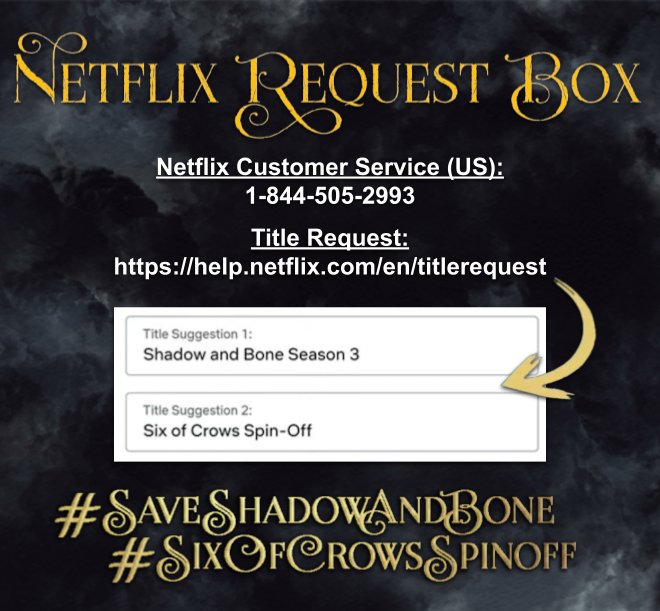 savethegrisha's tweet photo. We have it on good authority that Netflix pays attention to submissions through their Title Request Form, so let’s tell them what we want! Fill it out by requesting the following:

Shadow and Bone Season 3
Six of Crows Spin-Off

Submit multiple times! Make our voices heard!📢 https://t.co/dft6CZ0yez