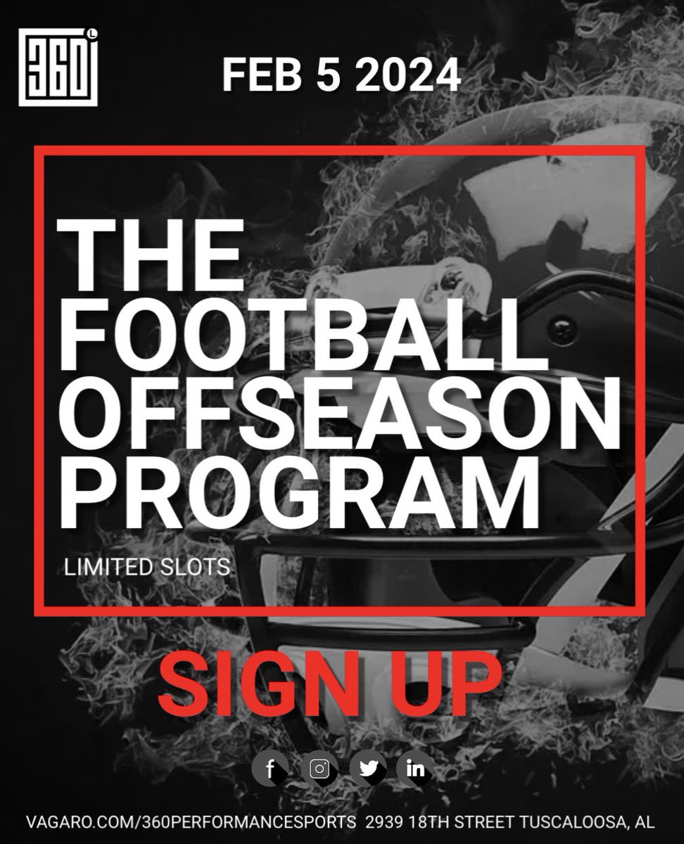 The Football Offseason Program 

It's time to rebuild, recover, and develop proper techniques for your upcoming season.

Starting Date: Feb 5 2024 
Age 8-12 | Age 13-18
Website: vagaro.com/360performance…

Sign Up Now
