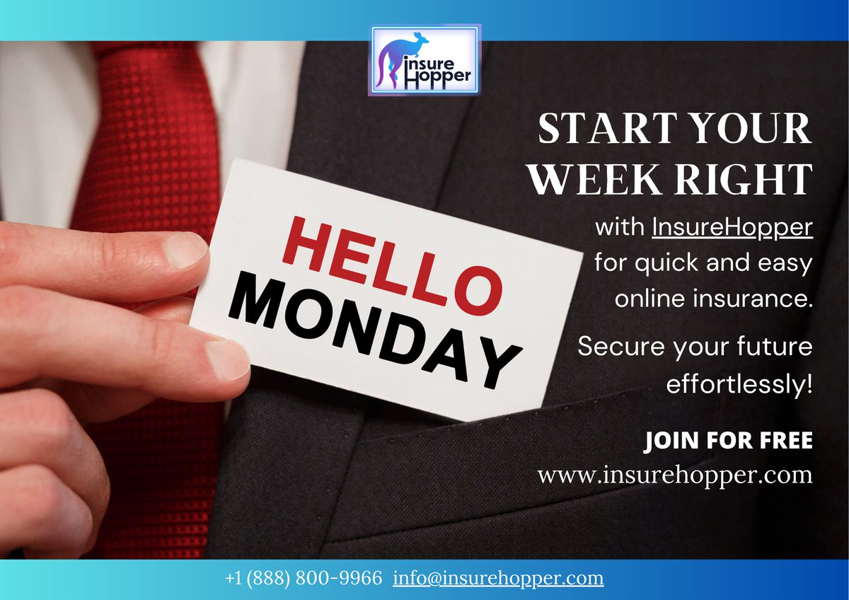 Insurehopper's tweet image. Start your week right with InsureHopper for quick and easy online insurance. Secure your future effortlessly! Join for FREE @ insurehopper.com
#insurance
#InsuranceOptions
#HassleFreeCoverage
#InsureSmart
#PolicySearch
#InsuranceSolutions
#CoverageChoices
#Free 
#savetime