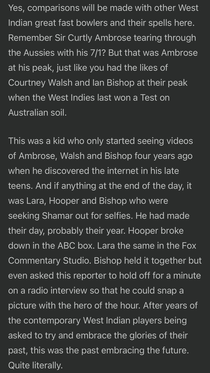A replug of the ode to that incredible West Indian win where the fine line between ridiculous &amp; miraculous was breached &amp; couldn’t help but get taken by the love that came the way of Shamar &amp; Co from the greats, <a href="/BrianLara/">Brian Lara</a>, <a href="/irbishi/">Ian Raphael Bishop</a> &amp; Carl Hooper #AusvWI cricbuzz.com/cricket-news/1…