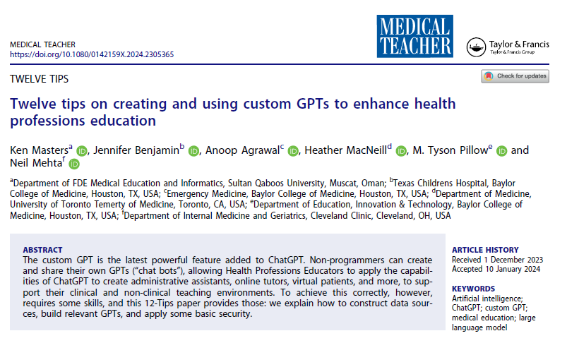 Just published: 12 Tips on creating and using custom #GPTs to enhance #HPE (e.g. creating admin assistants, online tutors, virtual patients, etc). doi.org/10.1080/014215… #MedEd @JenBenjaminMD @iattending @docpillow12 @Neil_Mehta @MedTeachJournal @AMEE_Community