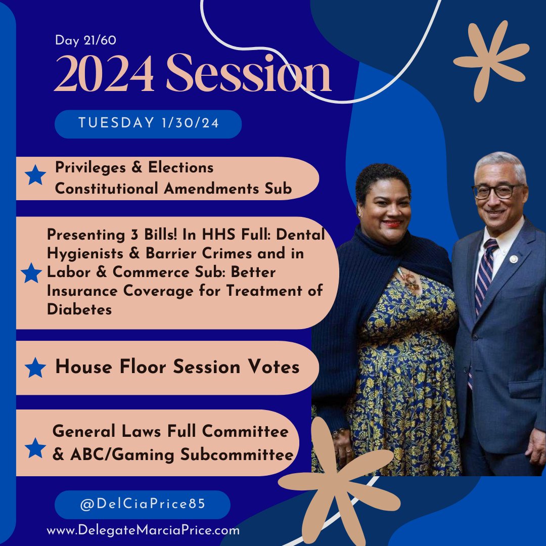 DelCiaPrice85's tweet photo. 3 of my bills today! Constitutional Amends Sub, Floor Votes, General Laws, &amp; ABC/Gaming Sub. Today's pic is from when Rep. @BobbyScott visited Session earlier this month. Follow his work at  @EdWorkforceDems  
For my bills, the calendar, videos, &amp; more: https://t.co/dB3jEmWIQ5 https://t.co/VB0yWiOpzS
