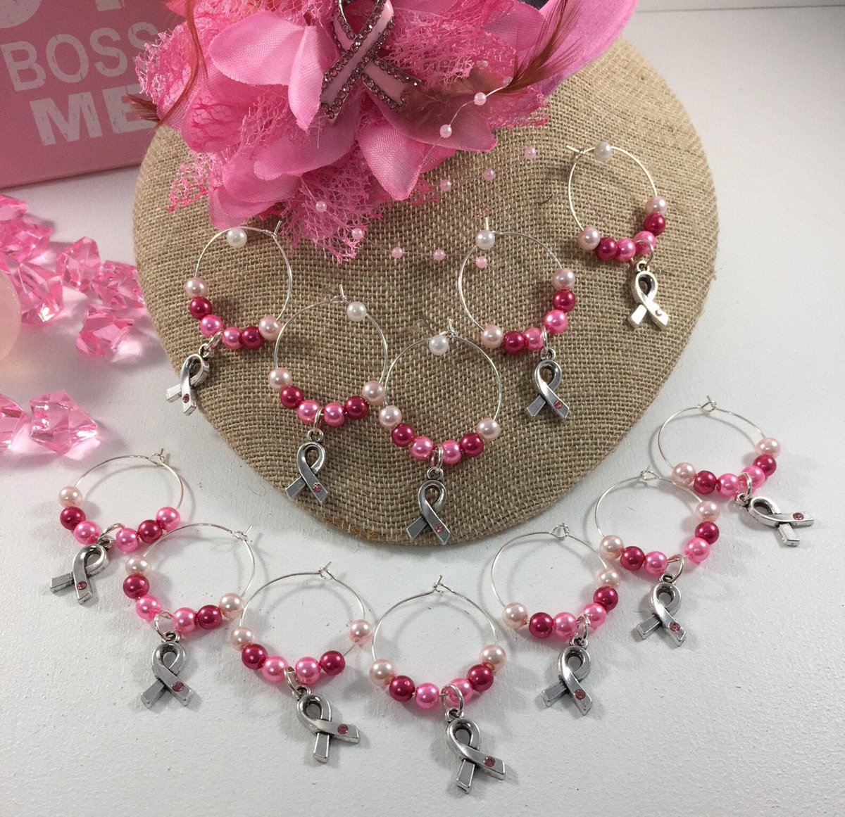 Breast Cancer Awareness Wine Charm Set, Gifts for Women Wine, Unique Wine Gifts, Wine Bottle Decor, Trending Now, Popular Right Now #lilyspad58 #handmadejewelryandvintagetreasures #breastcancerawarenesswinecharmset  bit.ly/48VvO0q