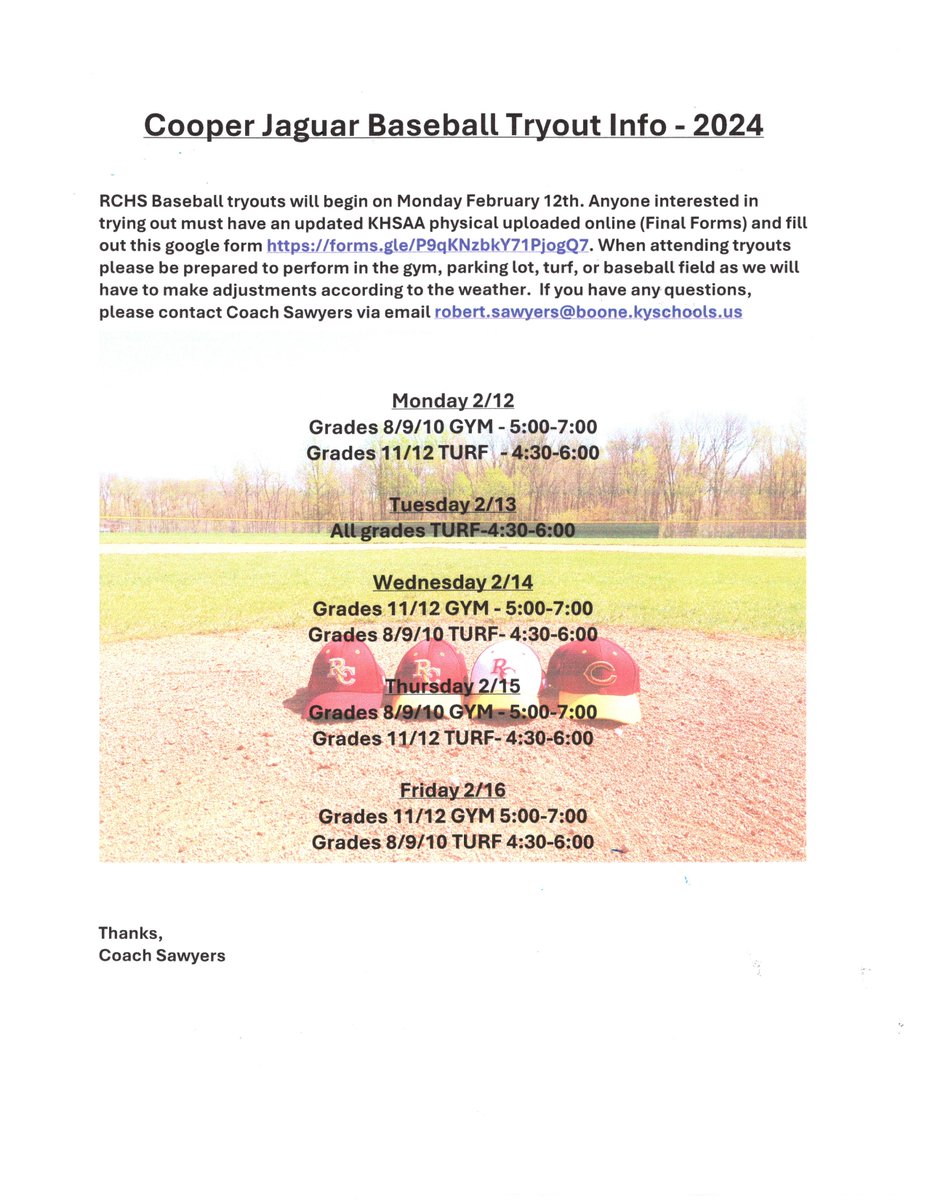 JagsVarsity's tweet photo. I have attached the 2024 Tryout info/schedule below.
Subject to change due to the weather.
Link mentioned in flyer:
https://t.co/PXHS3JRaqw
Questions, please reach out to Coach Sawyers:
robert.sawyers@boone.kyschools.us
Let's go RC Jags Baseball! @JagsJv @JagsFrosh https://t.co/tYl3k4aWLx