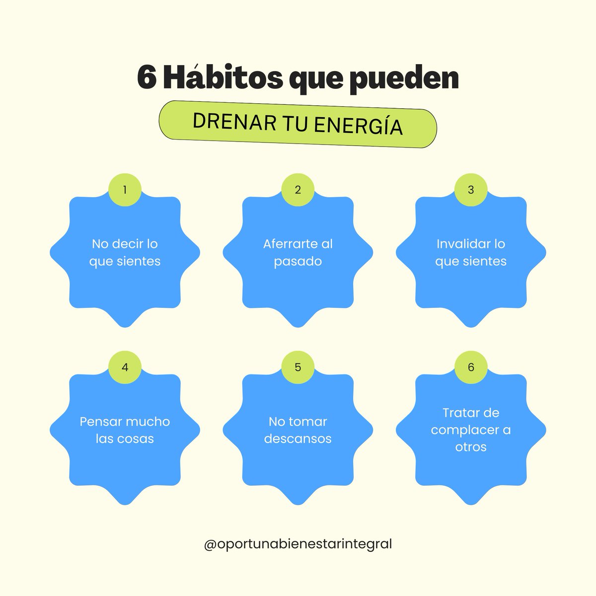 Descubre los 6 hábitos que pueden ser auténticos vampiros de energía 💡 Identificar y cambiar estas rutinas puede marcar la diferencia en tu bienestar diario. ¿Cuáles estás listx para dejar atrás? 😊
.
.
.
#oportunabienestarintegral #saludmental #amorpropio #validacionemocional