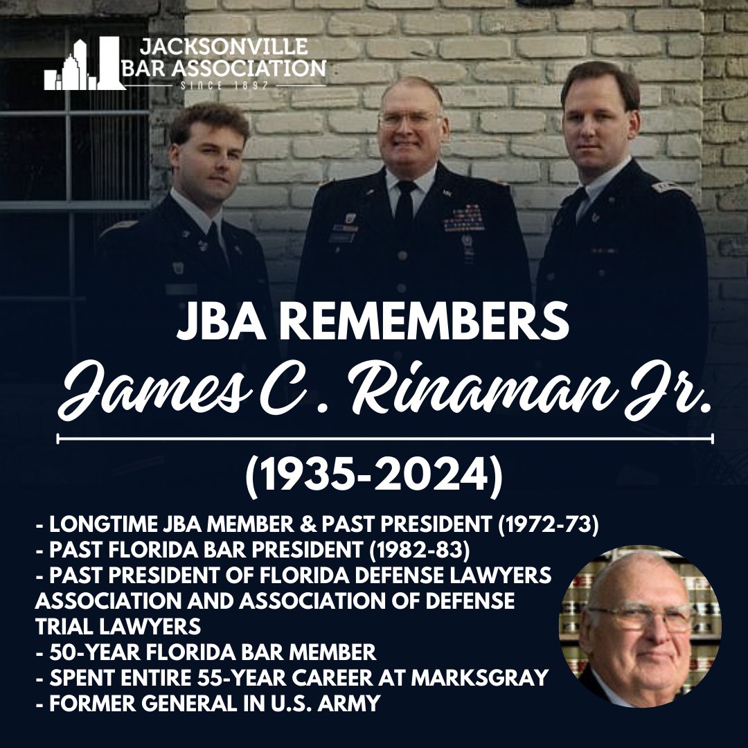 myjaxbar's tweet photo. Over the weekend, the JBA lost someone near and dear to our association more than a half a century:

Past JBA President and Past @FLBarPresident James C. Rinaman Jr. passed away. 😢

He was 88 years old.

Read about Jim's decorated life &amp; career here: https://t.co/0s2QQtStqI

1/ https://t.co/6tDpieg9PF
