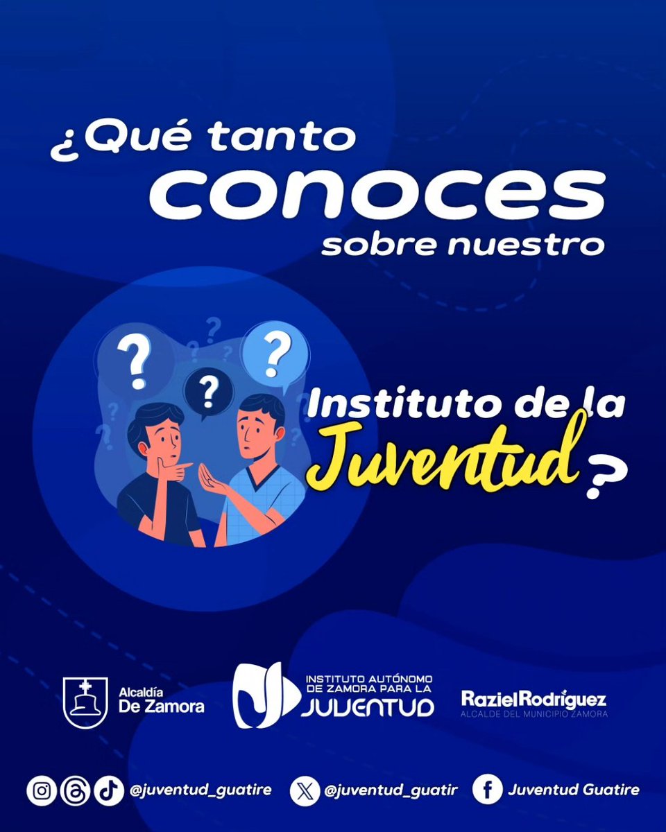 juventud_guatir's tweet photo. ¿Qué tanto conoces sobre nuestro instituto de la Juventud? 🙋🏻‍♂️💙

El instituto autónomo de Zamora para la Juventud es un ente que tiene a su cargo la rectoría, coordinación, orientación, articulación y evaluación de las políticas para la juventud del municipio Zamora. https://t.co/fBeLlGM3gq