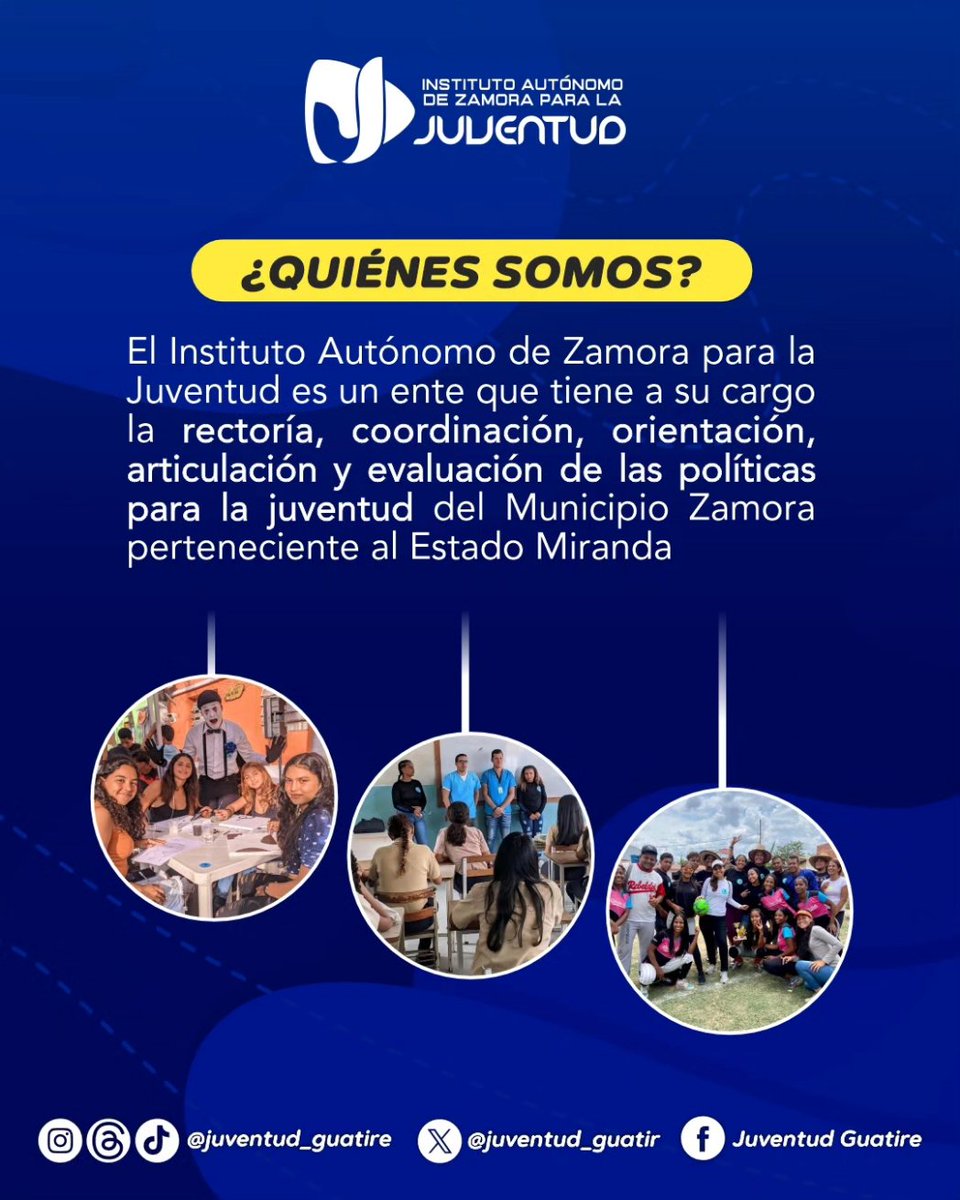 juventud_guatir's tweet photo. ¿Qué tanto conoces sobre nuestro instituto de la Juventud? 🙋🏻‍♂️💙

El instituto autónomo de Zamora para la Juventud es un ente que tiene a su cargo la rectoría, coordinación, orientación, articulación y evaluación de las políticas para la juventud del municipio Zamora. https://t.co/fBeLlGM3gq
