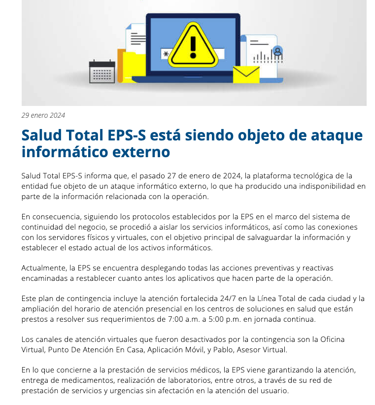 _venarix_'s tweet image. #Colombian 🇨🇴 health care company Salud Total EPS-S (@EPSSaludTotal) was hit by a #cyberattack on Jan 27, marking the second major #securitybreach in two years. This trend follows a 2022 attack by the #ViceSociety ransomware group...