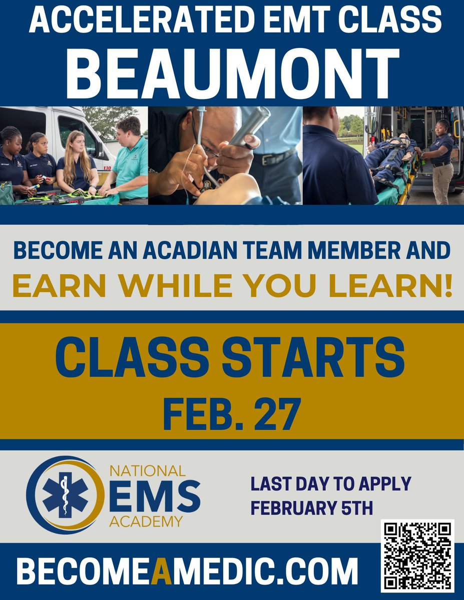 Our Beaumont Accelerated EMT class is starting in March and spots are filling up fast! Get paid to become an EMT while in school. Start your journey towards becoming an EMT and register for class. 
Learn more: Becomeamedic.com
Apply now: tinyurl.com/4eu6a63p