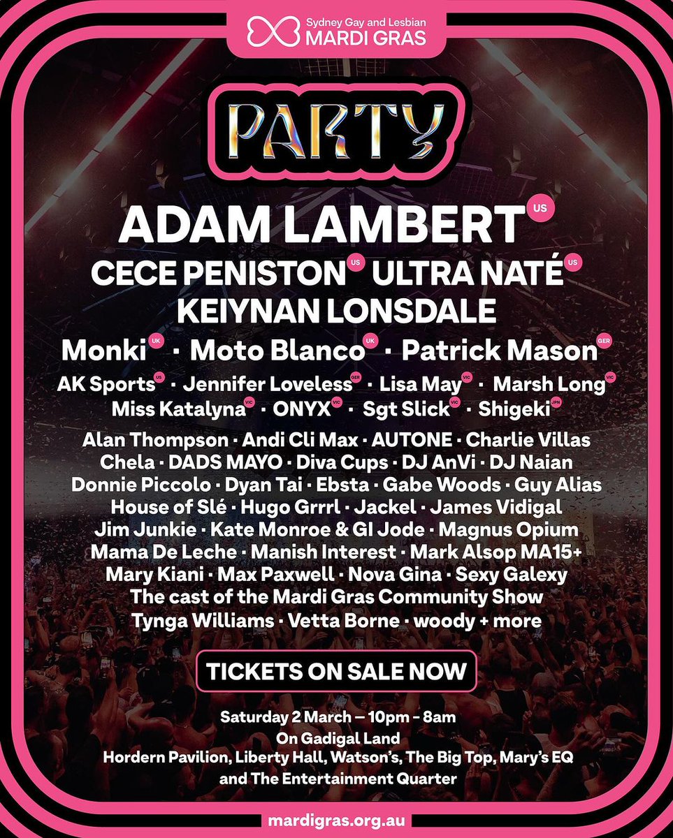TheRealDuckBert's tweet photo. ๐ WOOHOO...IT'S OFFICIAL...Adam Lambert is headlining the Sydney Mardi Gras Party March 2nd! ๐ฆ๐บ๐๐บโค๏ธ #AdamLambert #headliner #MardiGras #Sydney #PARTAAAY
- https://t.co/dtGu70FMkc https://t.co/u1KAzfBiJB