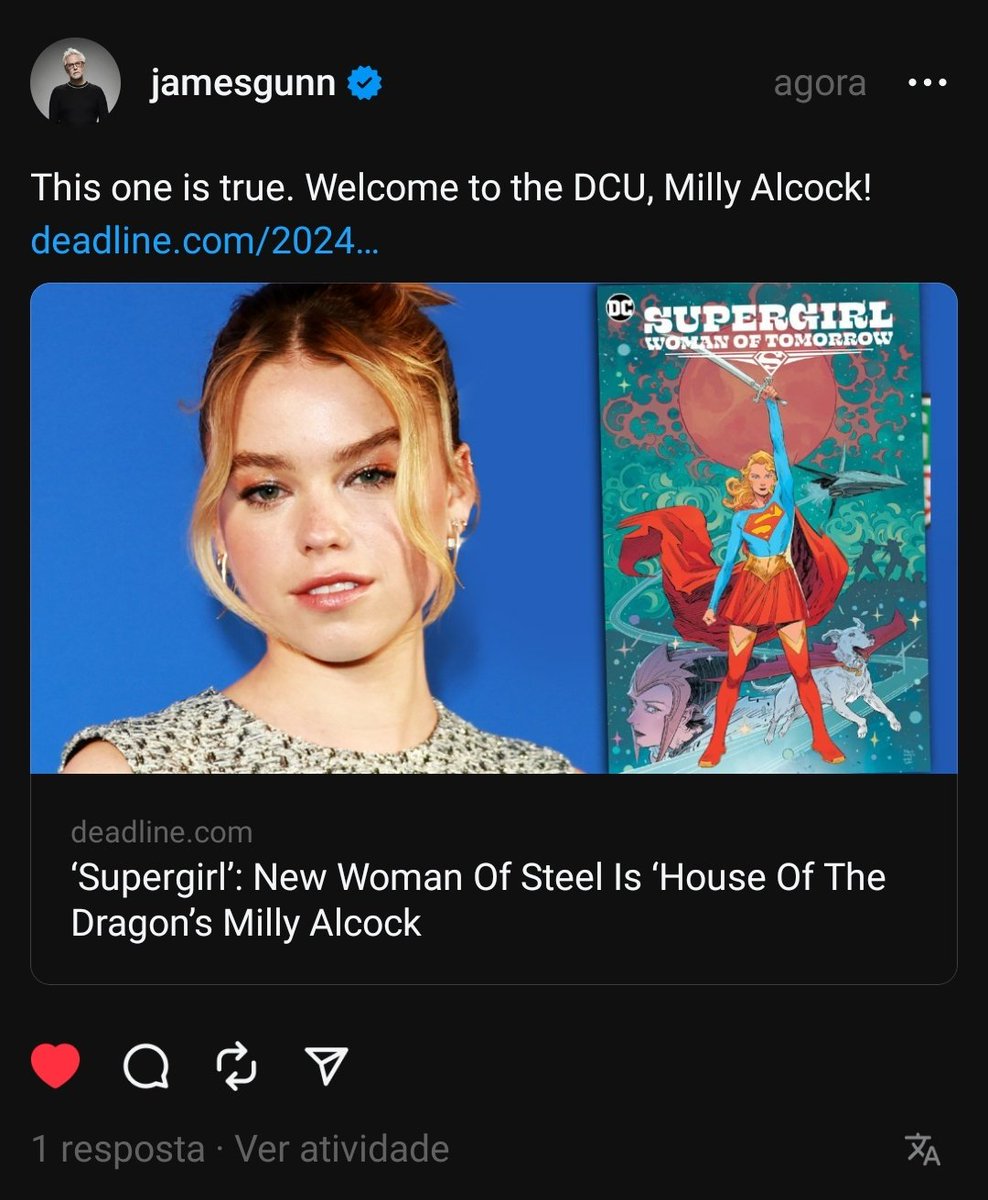ghostjamesm's tweet image. GREAT! James Gunn confirmou

Milly Alcock é oficialmente a #Supergirl do DCU!