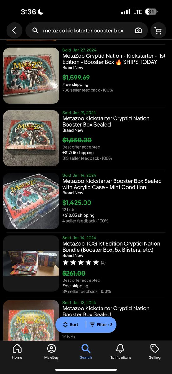 BudJungs's tweet photo. @resellnews Current Ebay sales 😭😭 Sold a kickstarter box back in 2021 for $5k 🥶 https://t.co/C4D8cu0lmX