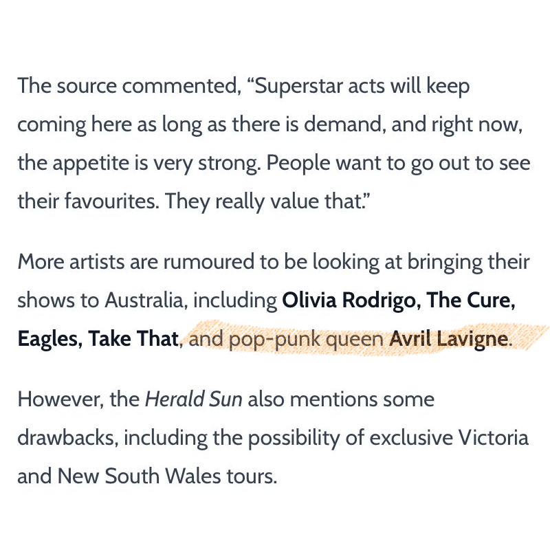 AvrilRLToday's tweet photo. .|🎤 Avril Lavigne is rumored to perform in Australia in 2024, according to a source from the Herald Sun, as reported by "The Music." If true, it'd mark her first tour concert in the country since The Bonez Tour (2005) and a return to Australia since Goodbye Lullaby promo (2011). https://t.co/D9q99RsFkA